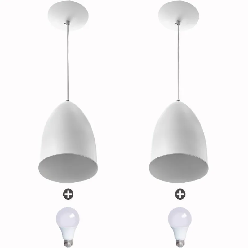 Kit 2 Lustre Pendente Cone de Alumínio 20x14cm Branco + Lampada