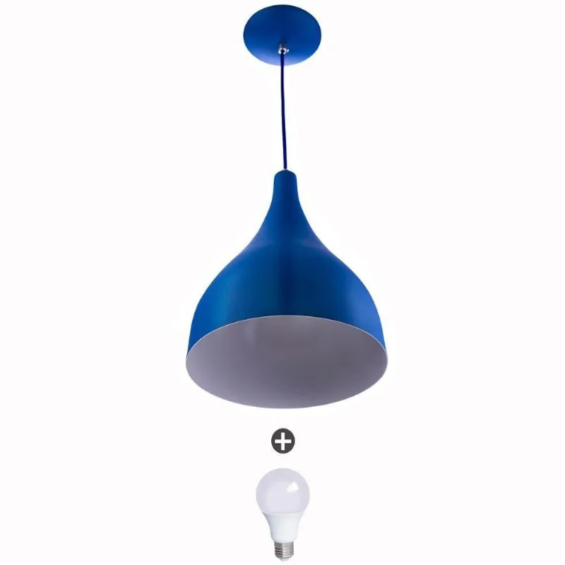 Lustre Pendente Gota Pequena Alumínio 21cm Azul + Lampadas