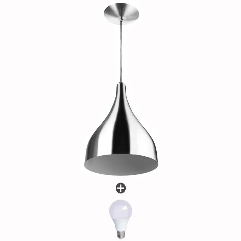 Lustre Pendente Gota Media Alumínio 30cm Escovado + Lampadas