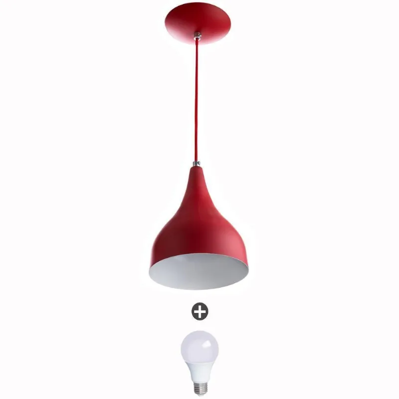 Lustre Pendente Gota Media Alumínio 30cm Vermelho + Lampadas