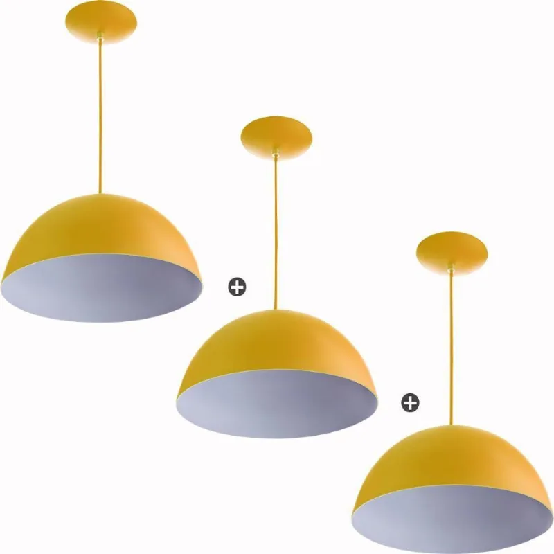 Kit 3 Lustres Pendente Meia Lua 40cm Alumínio Amarelo