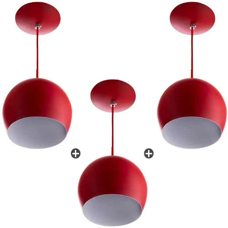 Kit 3 Lustres Pendente Bola Pequena Alumínio 15cm Vermelho