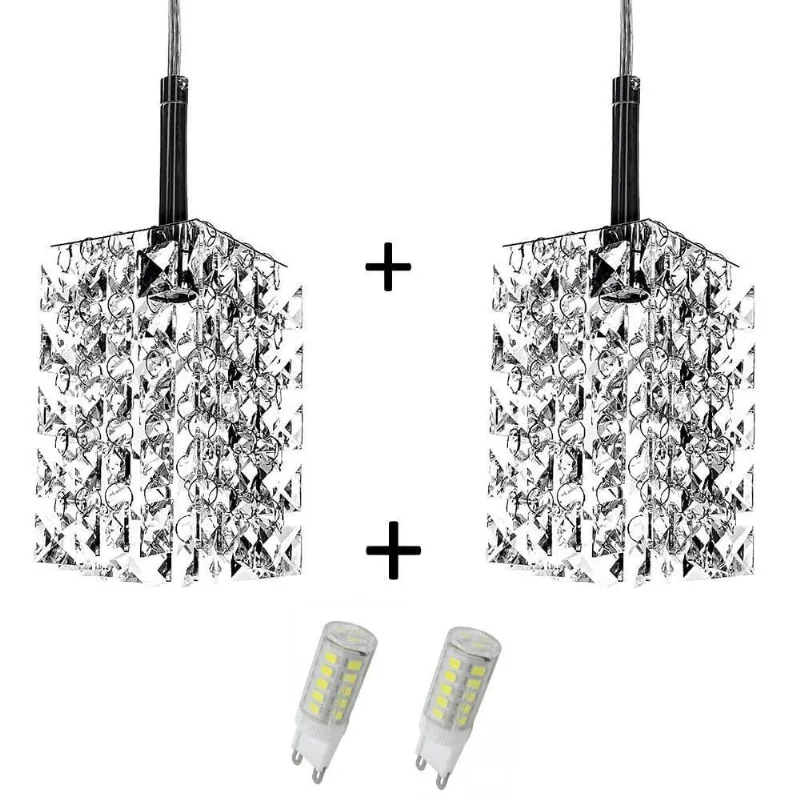 Kit 2 Lustres Pendente Quadrado Clearwall de Cristal Legitimo com Lâmpadas 6000k