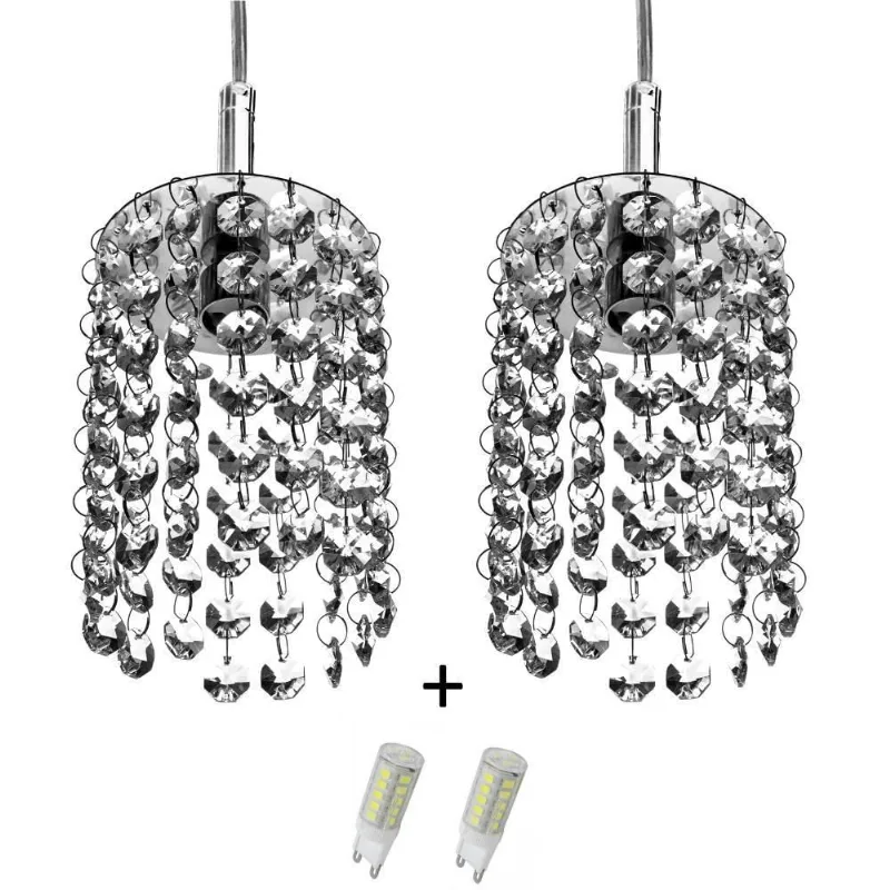 Kit 2 Lustres Pendente Redondo Clearcast Cristal Legitimo com Lâmpadas 3000k