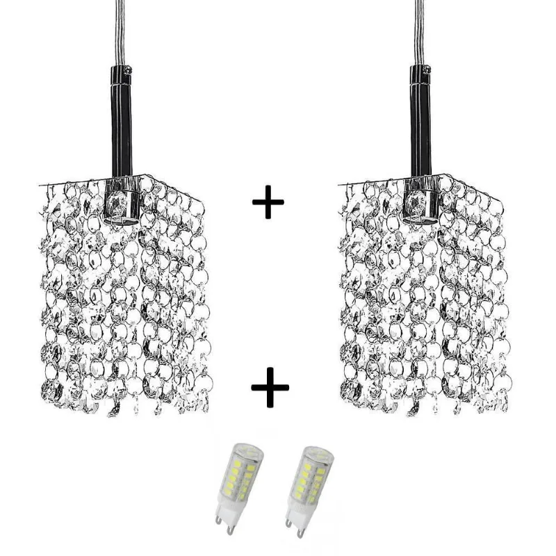 Kit 2 Lustres Pendente Quadrado Clearcast Cristal Legitimo com Lâmpadas 3000k