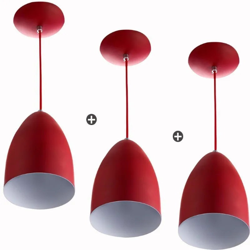 Kit 3 Lustre Pendente Cone De Alumínio 20x14cm Vermelho