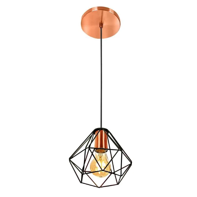 Lustre Pendente Diamante Aramado Preto com Cobre Esplêndido