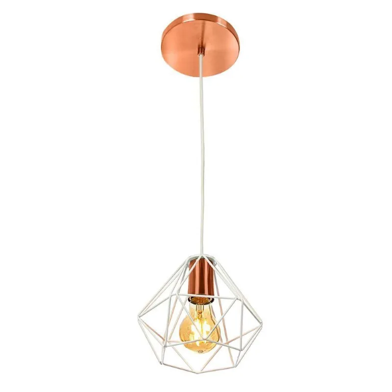 Lustre Pendente Diamante Aramado Branco Com Cobre Esplêndido