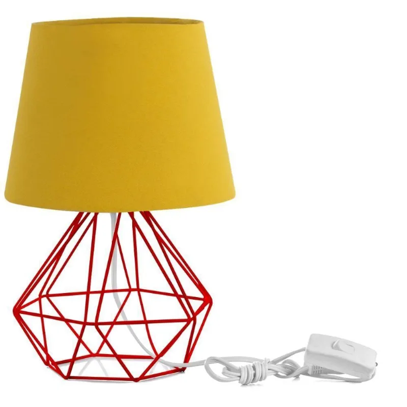 Abajur Diamante Dome Amarelo Mostarda Com Aramado Vermelho