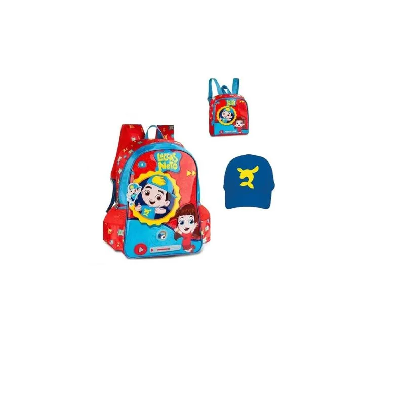 Kit Mochila Costas + Lancheira + Boné Azul Luccas Neto