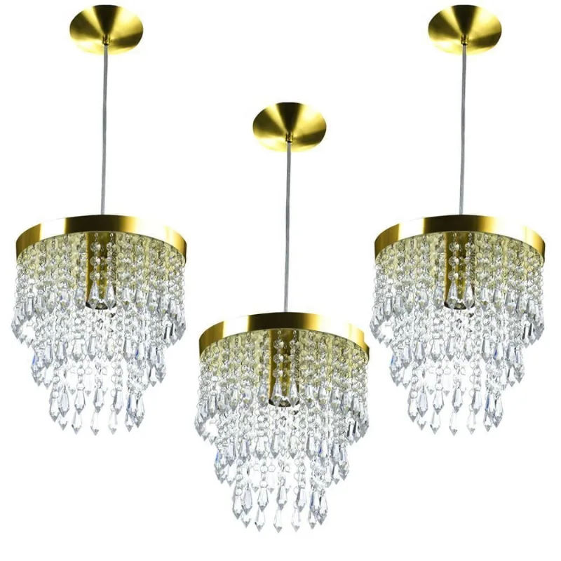 Kit 3 Lustre Pendente De Cristal Acrílico Manucrilic Dourado