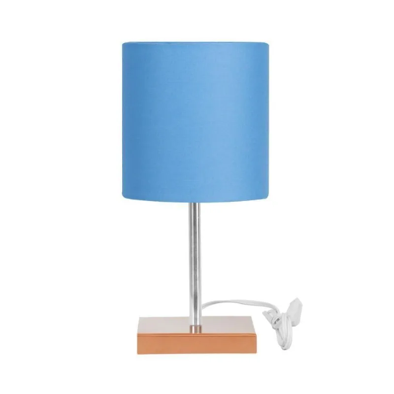 Abajur Eros Touch Cilindrico Azul Base Cobre Quadrada