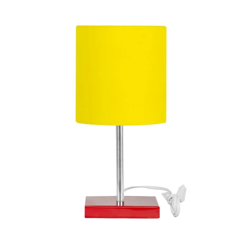 Abajur Eros Touch Cilindrico Amarelo Base Vermelho Quadrada