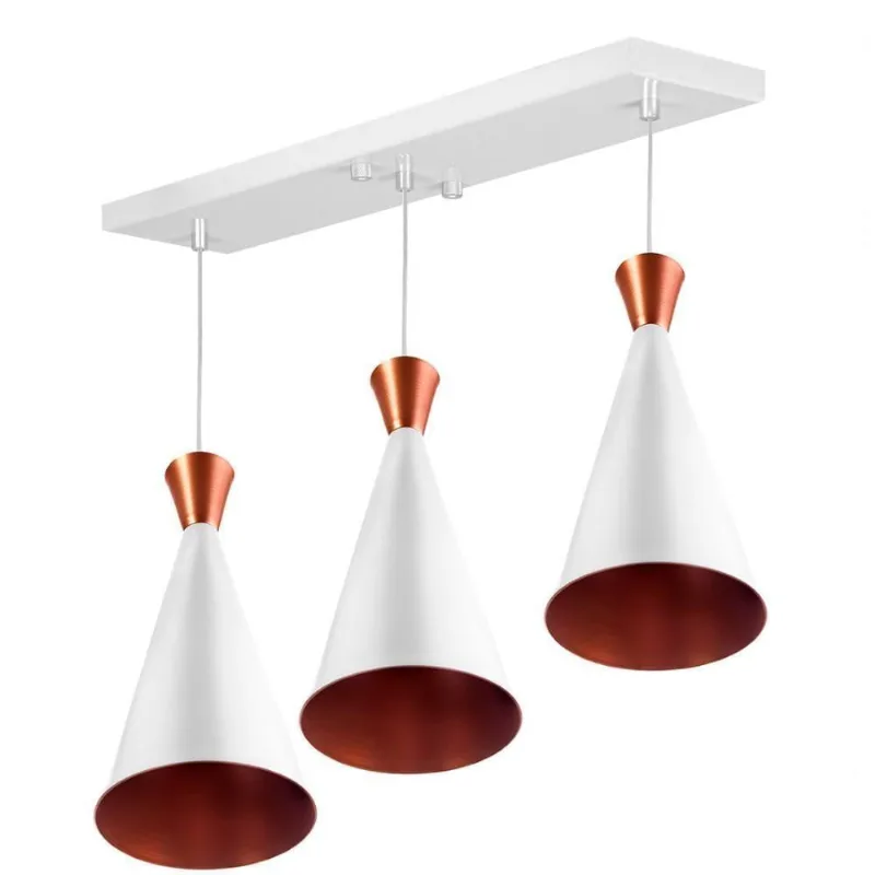 Lustre Pendente Funil Triplo Base Retangular Branco/cobre