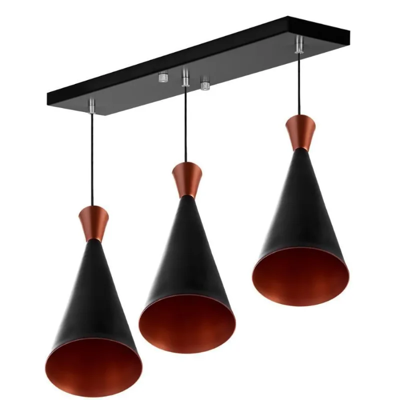 Lustre Pendente Funil Triplo Base Retangular Preto/cobre