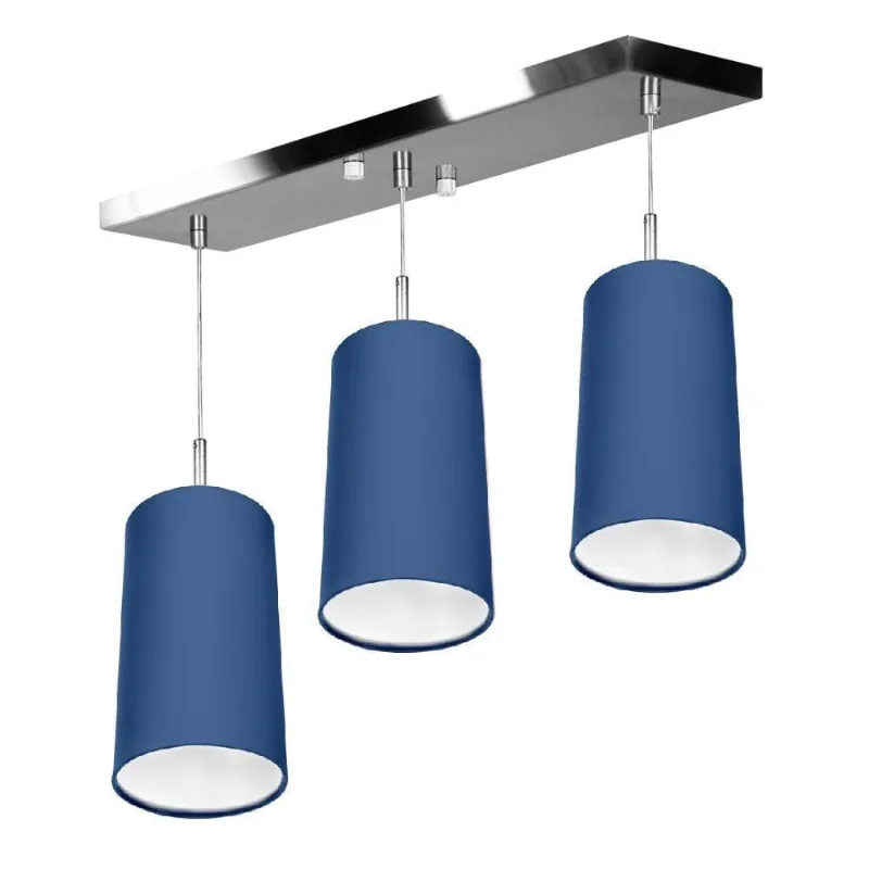 Lustre Pendente Cilindrico Triplo Base Retangular Azul