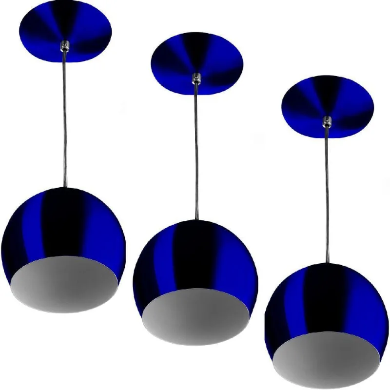 Kit 3 Lustre Pendente Bola Media Alumínio 23cm Azul Metalico