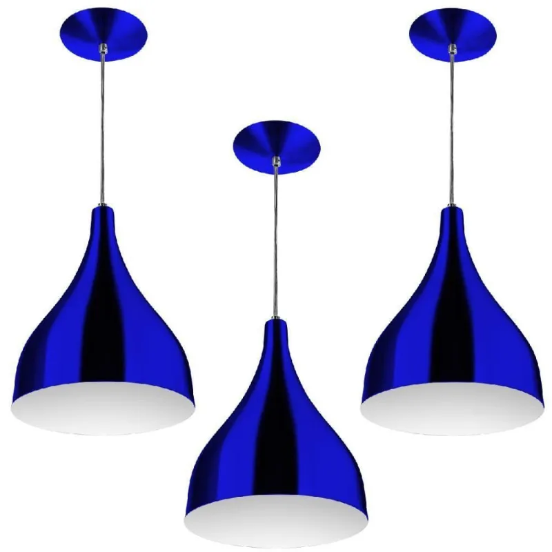 Kit 3 Pendentes Gota Pequena Alumínio 21cm Azul Metalico