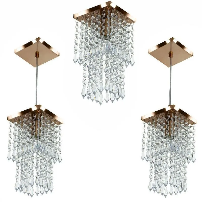 Kit 1 Lustre Cristal Acr. Spark + 2 Pendentes Spark Cobre