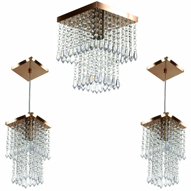 Kit 1 Lustre Cristal Acr. Marry + 2 Pendentes Spark Cobre