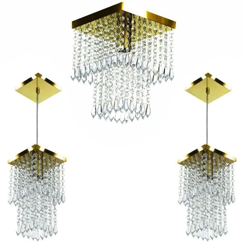 Kit 1 Lustre Cristal Acr. Marry + 2 Pendentes Spark Dourado