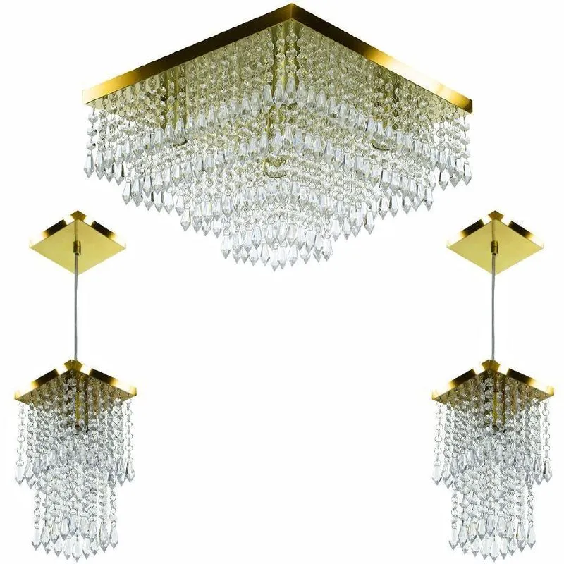 Kit 1 Lustre Cristal Acr Dream + 2 Pendentes Spark Dourado