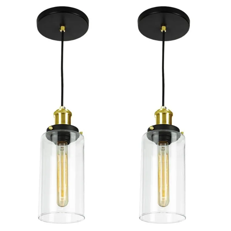 Kit 2 Lustres Pendentes Château Cilindrico Vidro Preto Gold