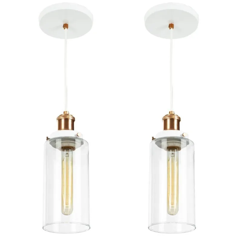 Kit 2 Lustres Pendente Château Cilindrico Vidro Branco Cobre