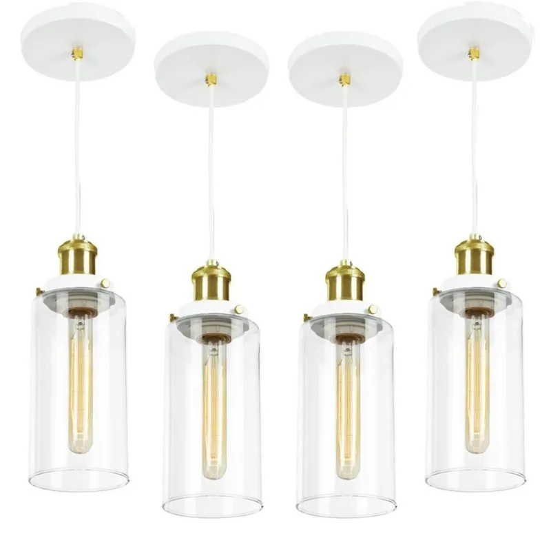Kit 4 Lustres Pendente Château Cilindrico Vidro Branco Gold