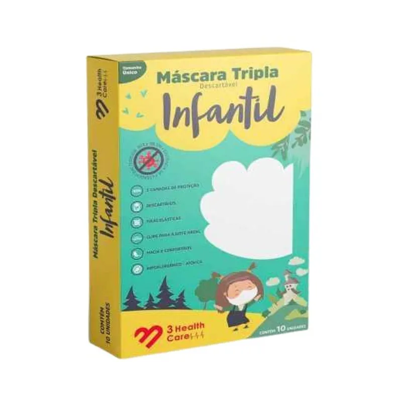 Máscara Tripla Descartável Infantil 3 Health Care 10un