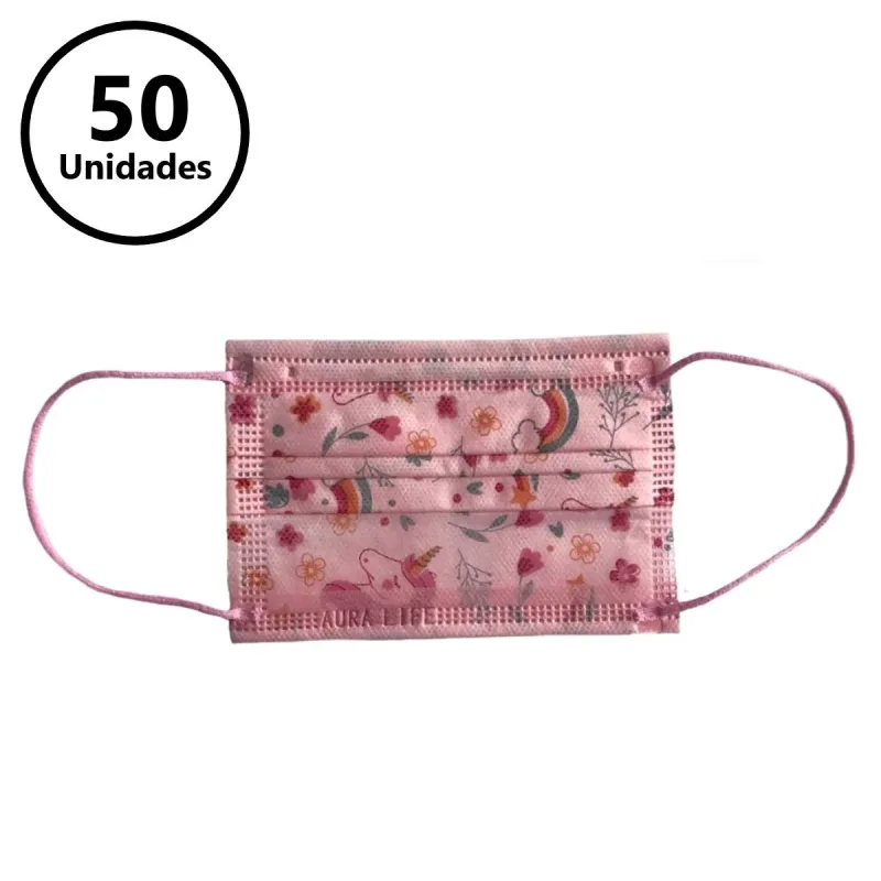 Máscara Descartável Infantil Rosa - Estampa Unicórnio (CX C/50) - Aura Life