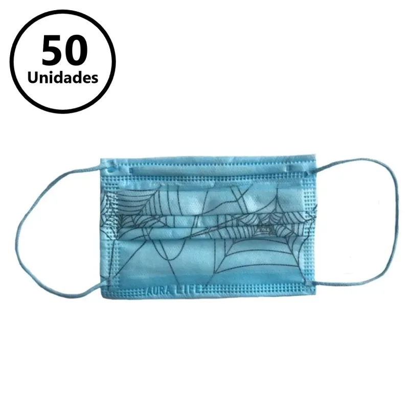 Máscara Descartável Infantil Azul Estampa Teia de Aranha (C/50) - Aura Life