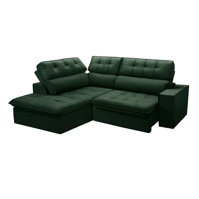 Sofá Retrátil e Reclinável Ferguile Arezzo com Chaise Esquerdo Veludo Verde Escuro