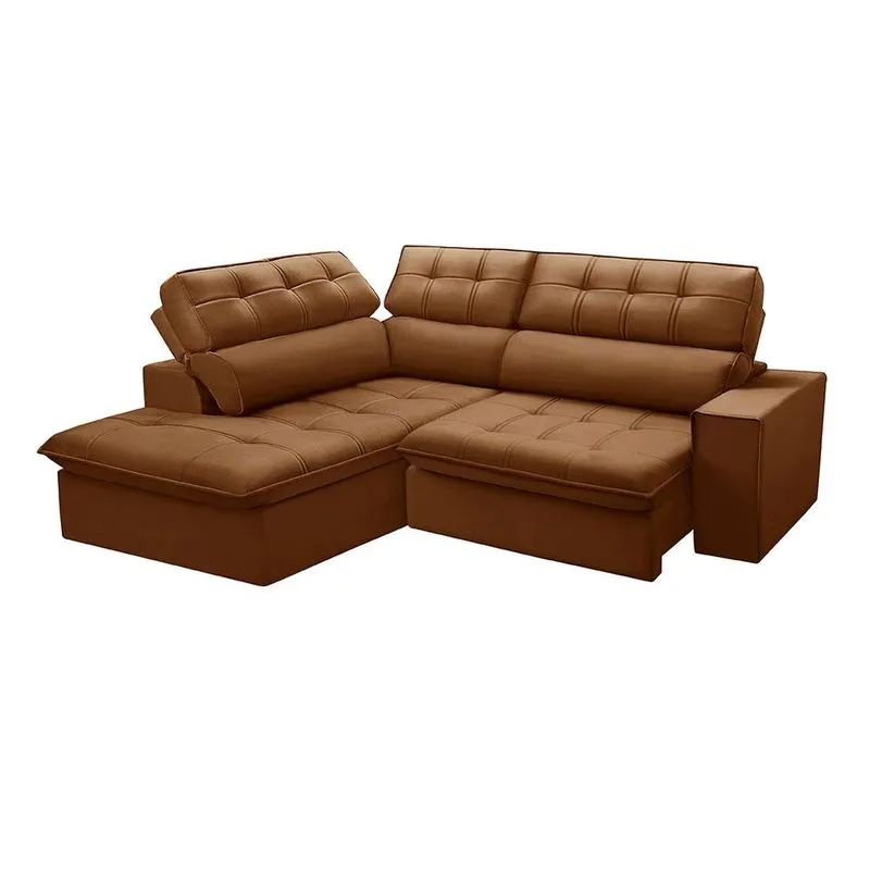 Sofá Retrátil e Reclinável Ferguile Arezzo com Chaise Esquerdo Veludo Terracota 4 Lugares