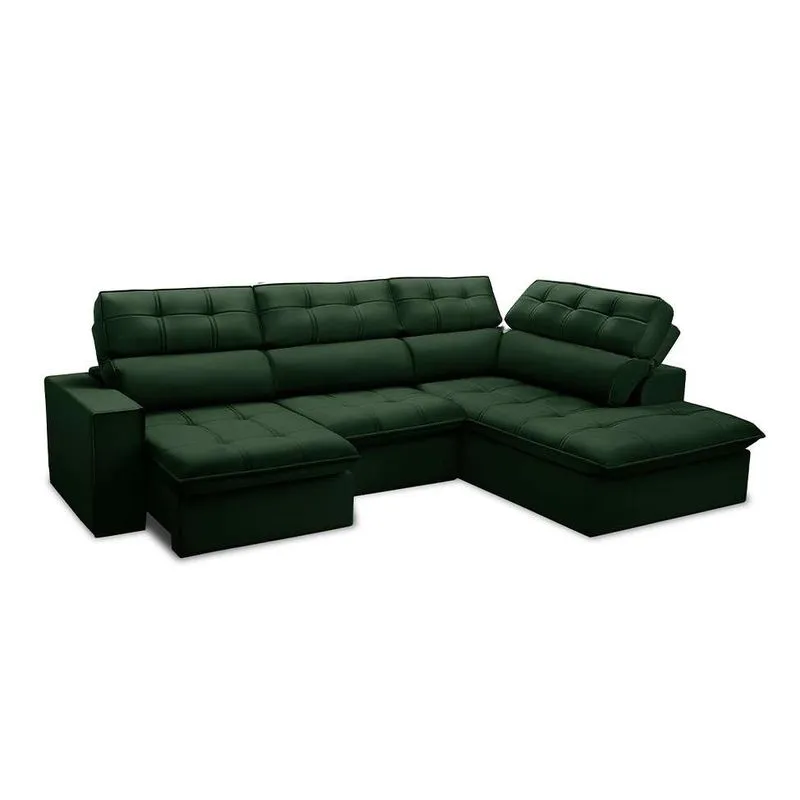 Sofá Retrátil e Reclinável Arezzo 5 Lugares com Chaise Direito Veludo Verde Escuro