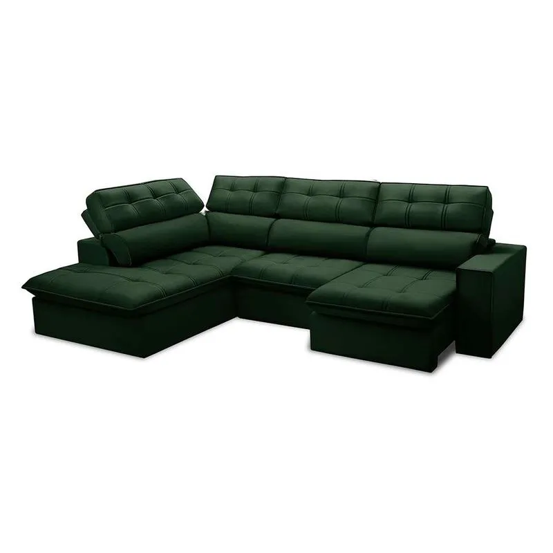 Sofá Retrátil e Reclinável Arezzo com Chaise Esquerdo 5 Lugares Veludo Verde