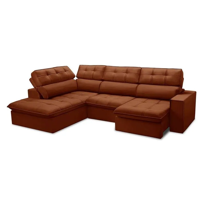 Sofá Retrátil e Reclinável Arezzo com Chaise Esquerdo 5 Lugares Veludo Terracota