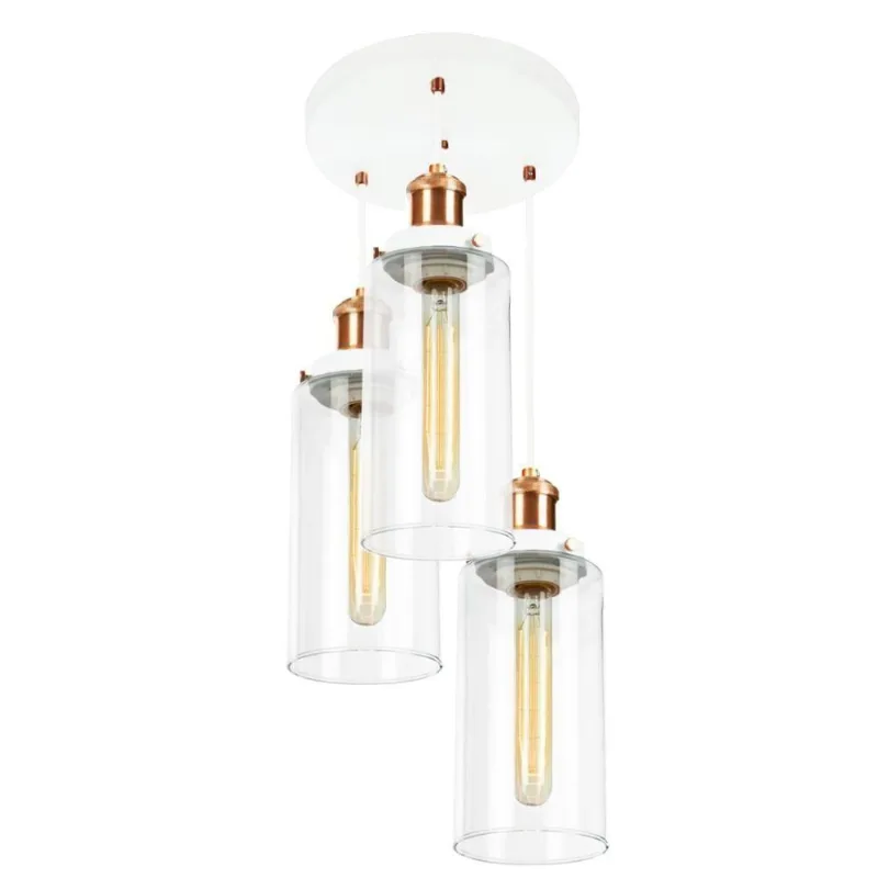 Lustre Pendente Triplo Château Cilindrico Vidro Branco Cobre