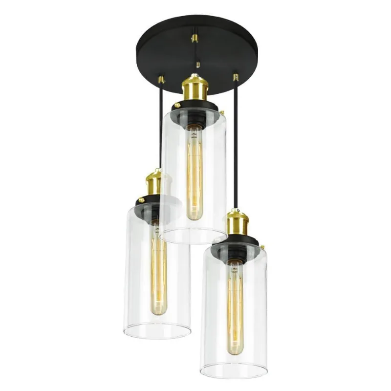 Lustre Pendente Triplo Château Cilindrico Vidro Preto Gold