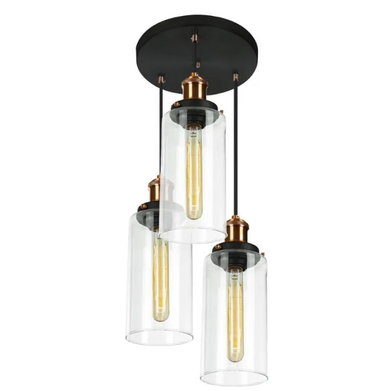 Lustre Pendente Triplo Château Cilindrico Vidro Preto Cobre