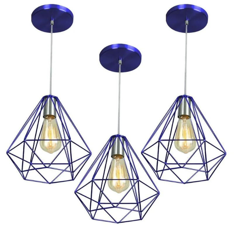Kit 3 Pendentes Diamante Aramado Grande Azul Metalico