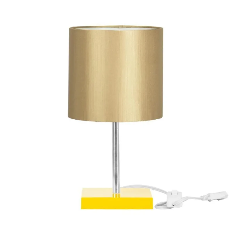 Abajur Eros Cilindrico Shantung Dourado31 Base Dourada Quadrada