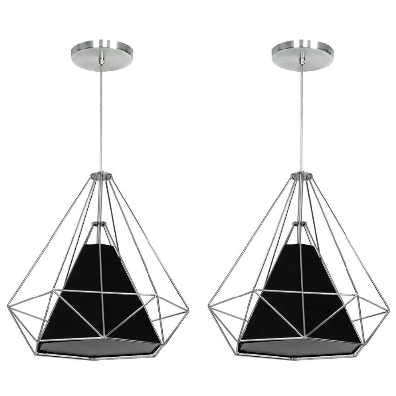 Kit 2 Pendente Aramado Piramidal 37cm Cromado Cúpula Preta