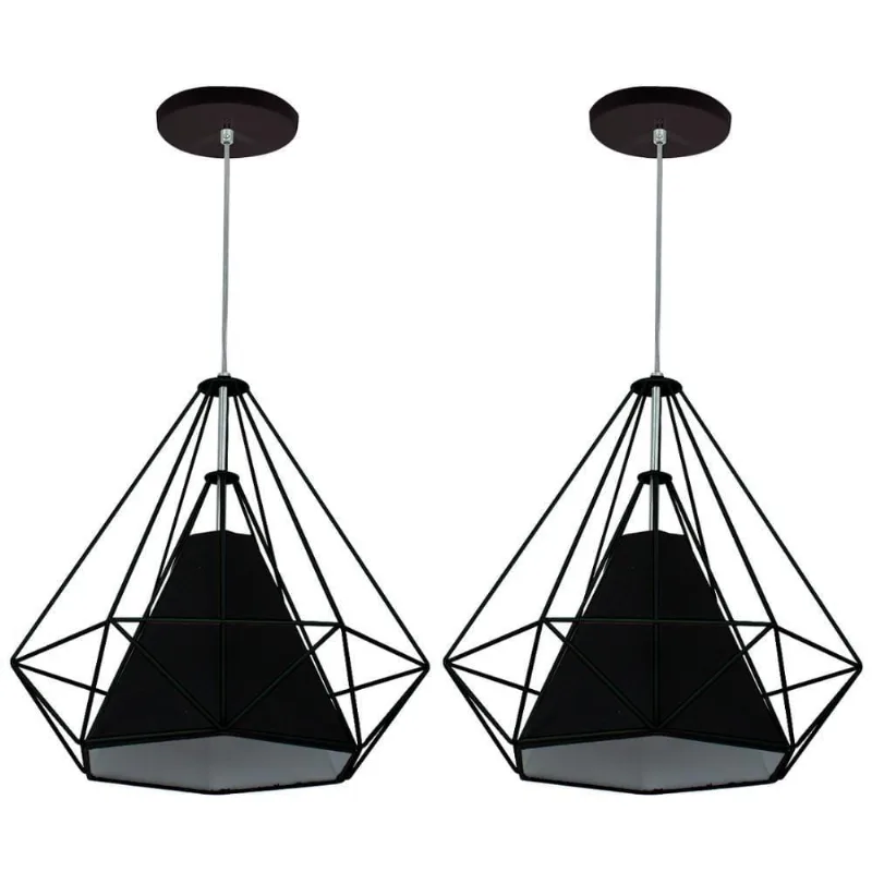 Kit 2 Pendente Aramado Piramidal 37cm Preto Cúpula Preta