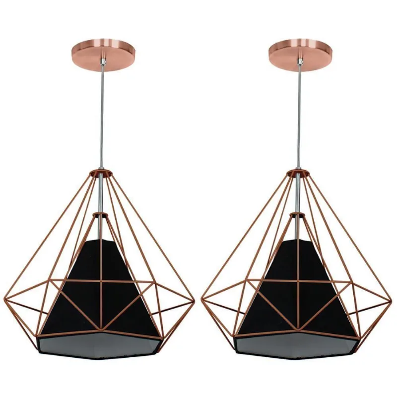 Kit 2 Pendente Aramado Piramidal 37cm Cobre Cúpula Preta