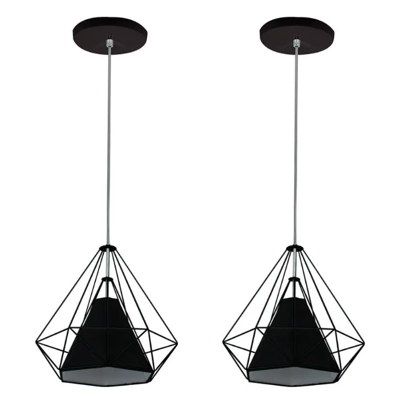 Kit 2 Pendente Aramado Piramidal 25cm Preto Cúpula Preta