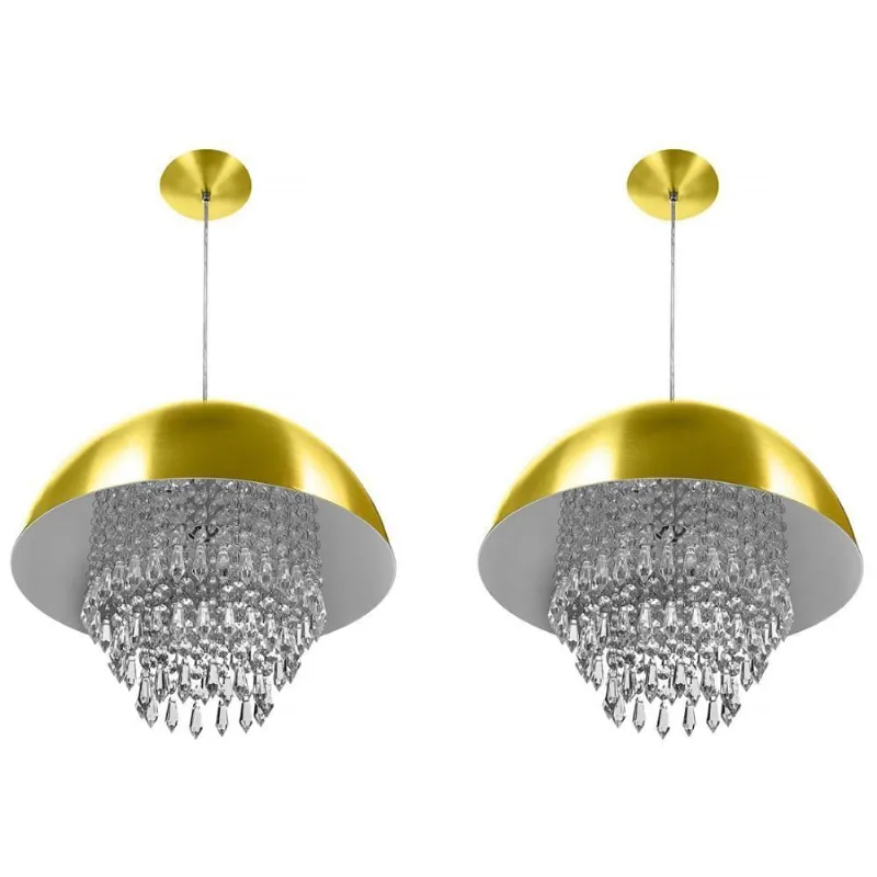 Kit 2 Lustre Pendente Meia Lua 40cm Dourado Cristal Acrilico
