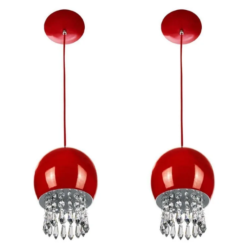 Kit 2 Pendente Bola Pequena 15cm Vermelho Cristais Acrilico