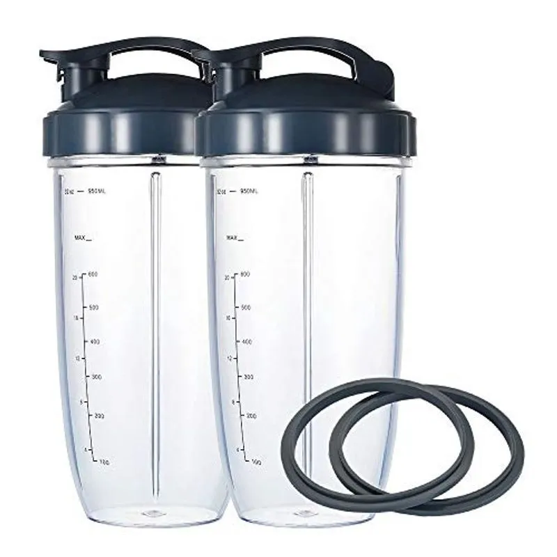 Copos de substituição do liquidificador para liquidificador Nutribullet, copos de escala de medição de 32OZ com 2 Tampas Flip Top To Go e 2 juntas de borracha, compatíveis com liquidificadores Nutri B