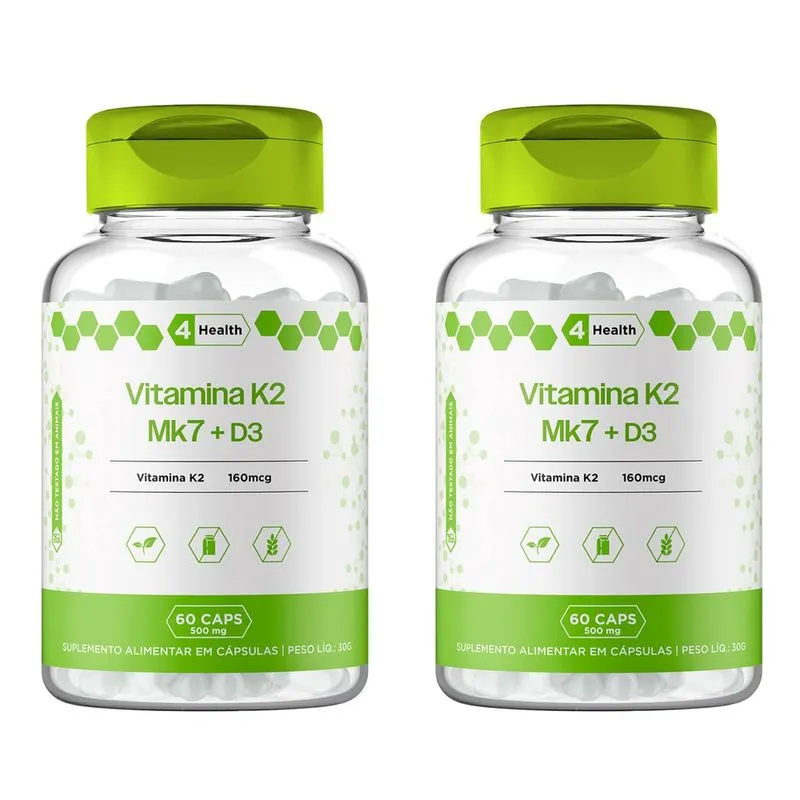 Vitamina K2 MK7 160mcg + D3 2000UI, Ossos, Cognição, Vitamina B9, Tecnologia matéria prima importada - 4 Health 2 potes